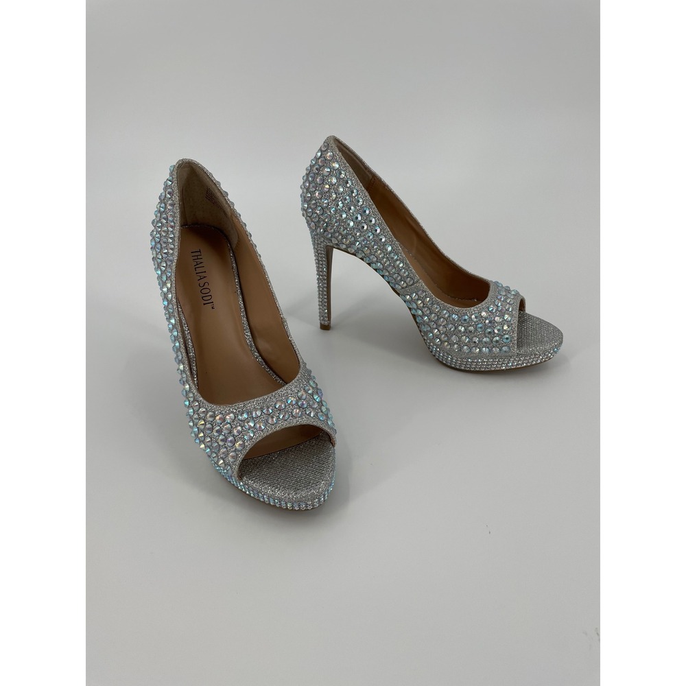 Thalia‎ Sodi Landon Silver Rhinestone Peep Toe Platform Pumps Heels 6.5